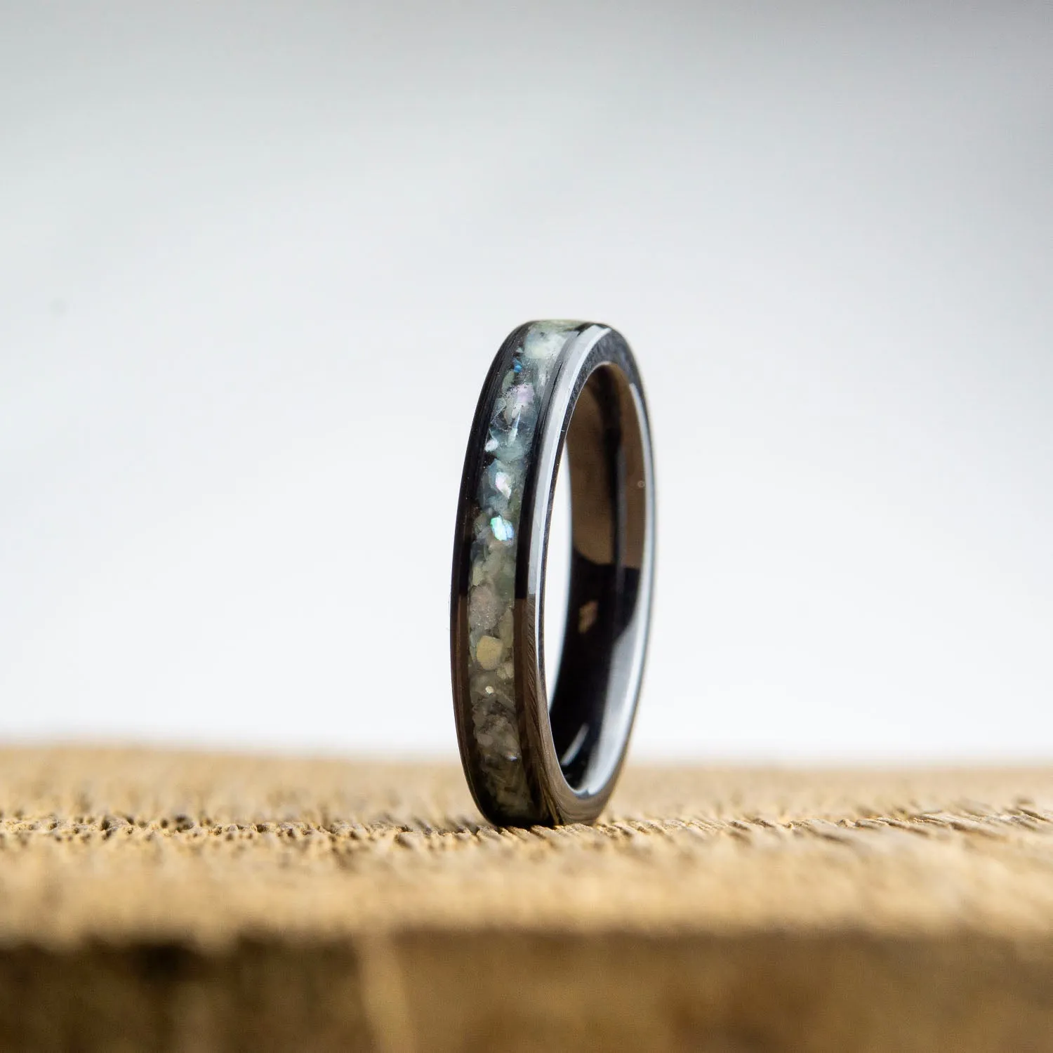 Womens black wedding band with Mother of Pearl