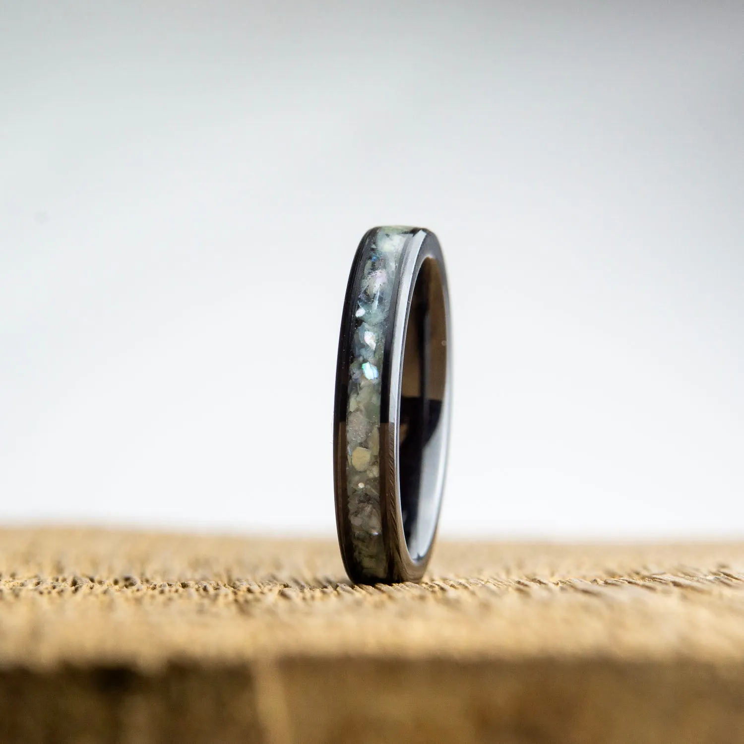Womens black wedding band with Mother of Pearl